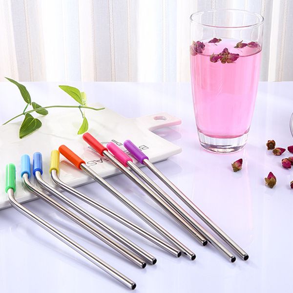 

10pcs candy color bar straws reusable straight bent metal drinking straw anti-tooth collision sleeve+cleaner brush bar suppliers