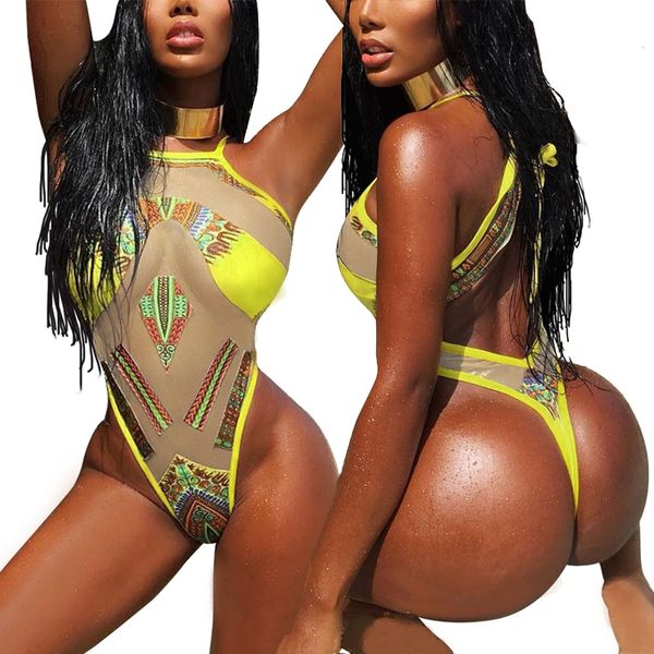 

новый сексуальный желтый lady vintage african печати купальник push-up one piece бразильского mesh swimsuits женщины swim пляжная одежда s, White;black