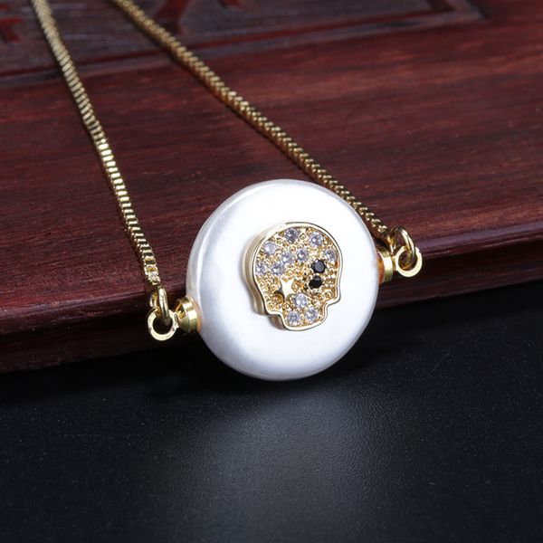 

multiple colors cz micro paved gold skull charm on flat pearl shell connector beads thin link bracelets for woman, Golden;silver