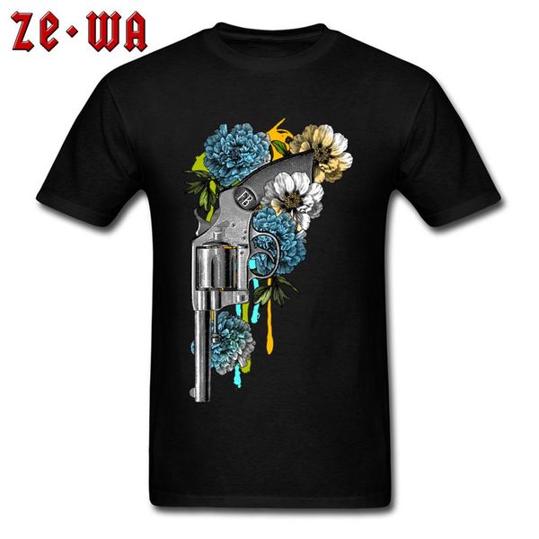 

gun n flowers t shirt punky t-shirt men funky floral punk style 3d graphic tee custom guys cotton clothes black, White;black