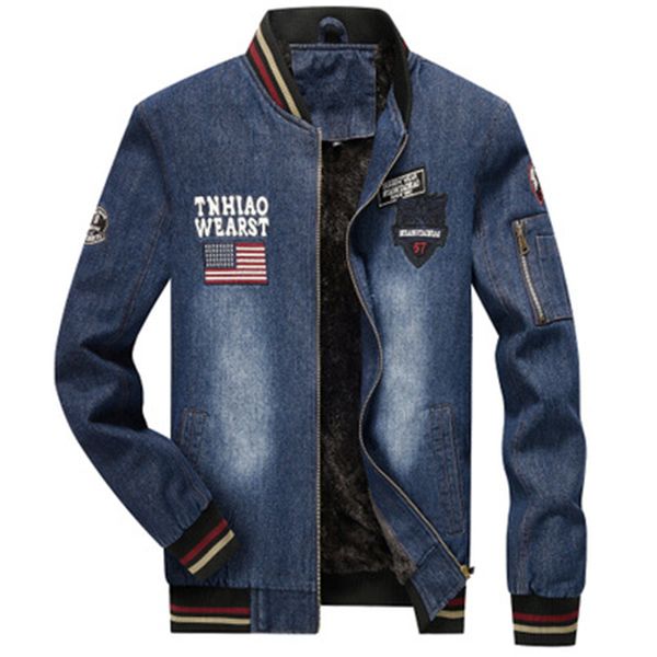 

men's denim jacket plus velvet casual moto & biker veste homme stand clothes patchwork windbreaker rib sleeve zipper thick, Black;brown