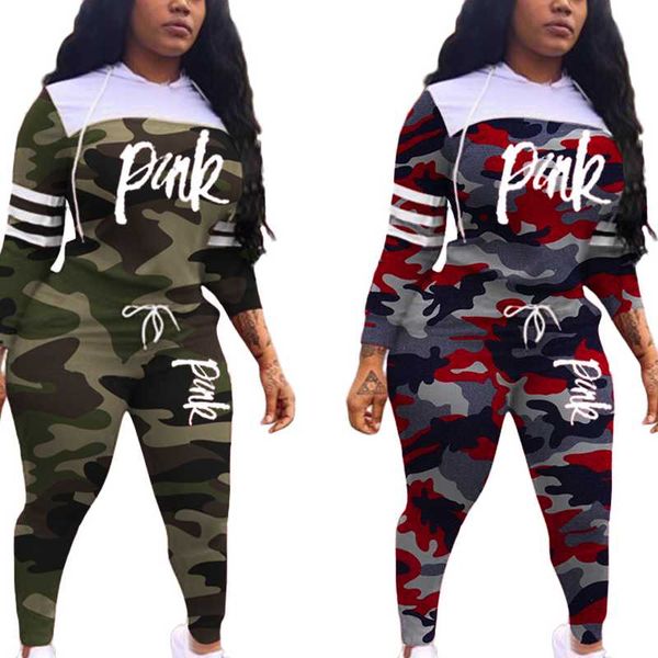 

camouflage women casual set two piece pink letter print tracksuits women t-shirt and jogger set suits casual 2pcs outfits, White;red