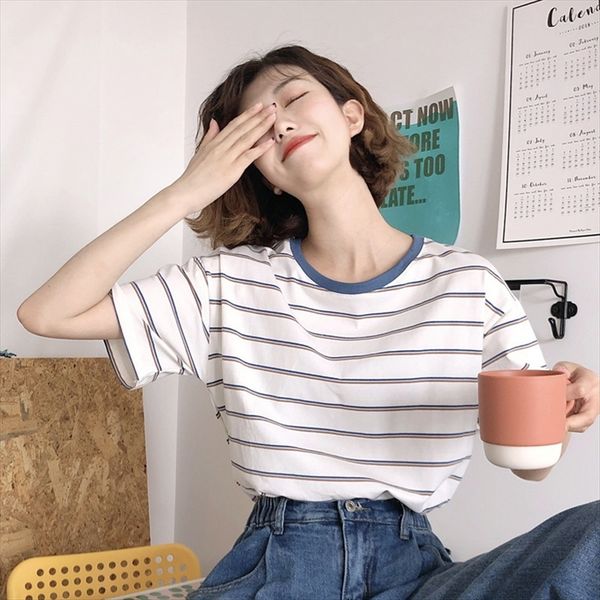 

ins loose slim navy style round collar large size striped versatile t-shirt underpants short-sleeved t-shirt women's fashion, White