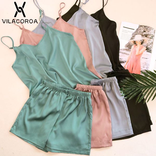 

summer sleepwear solid color imitation silk v-neck camis + shorts 2 piece sets women pajamas set comfortable pajamas, Black;red