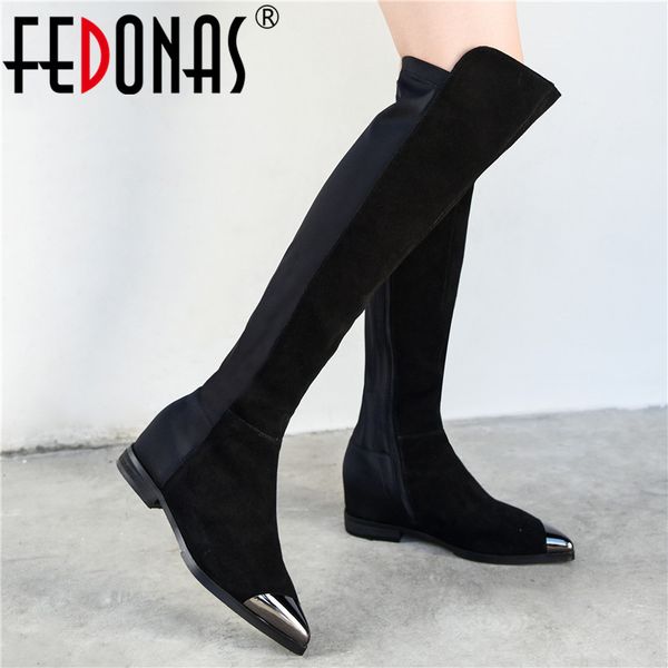 

fedonas metal pointed toe women knee high boots patchwork cow suede warm long boots party prom shoes woman big size high heels, Black