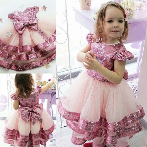 

pink a line sequined flower girl dresses for wedding jewel neck tiered pageant gowns tulle kids prom dress, White;blue