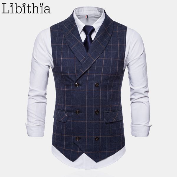 

men's casual sleeveless plaid formal waistcoats dress suit vest double-breasted luxury vest british autumn suit grey t192, Black;white