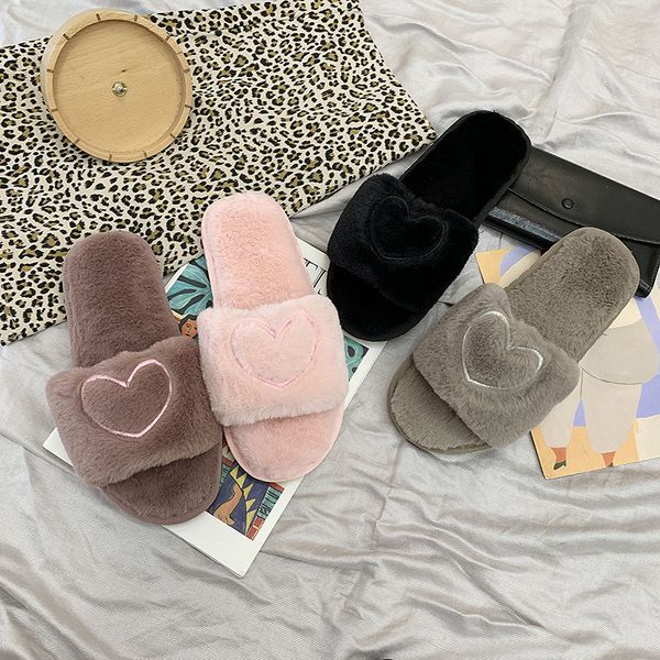 

женщины тапочки мода love heart хлопок тапочки winter fur ladies home furry тапочки теплые крытый обувь claquette fourrure, Black