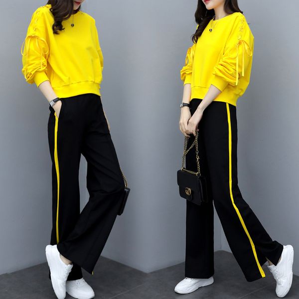 

2020 spring autumn sport two piece sets outfits tracksuits women plus size ribbons sweatshirt and pants suits casual fashion set, Black