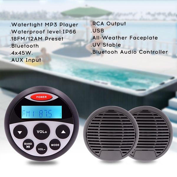 

marine bluetooth stereo radio fm am mp3 player audio sound system + 3" waterproof speaker for atv utv spa boat yacht motorcycle car