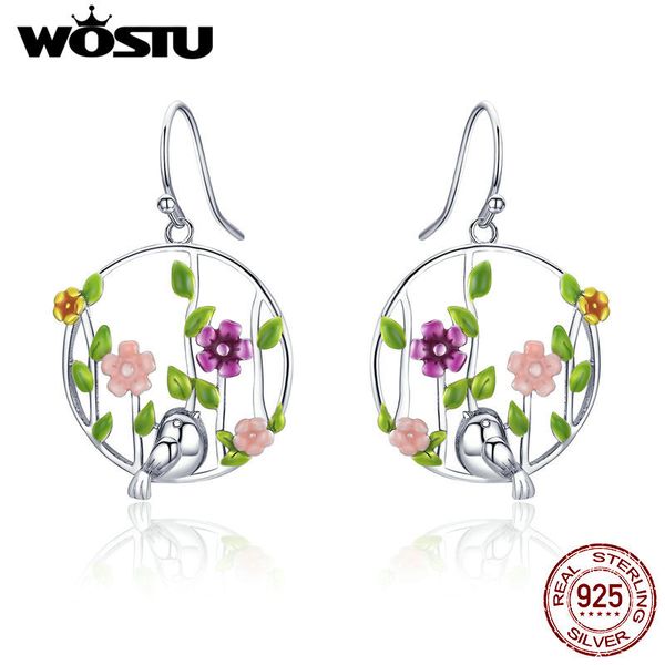 

wostu real 100% 925 sterling silver spring collection birds & flower drop earrings for women romantic s925 jewelry gift cqe480