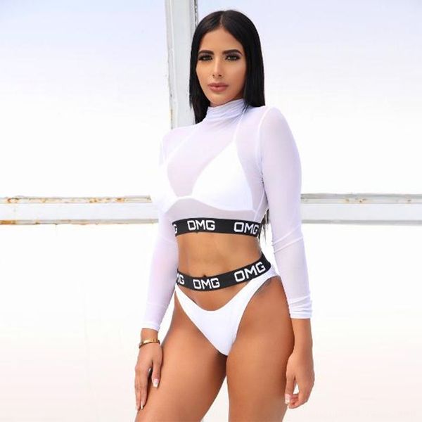 

2019 сексуальный сплошной цвет сетки купальник бикини жилет с длинным рукавом письмо три части бикини купальник, White;black