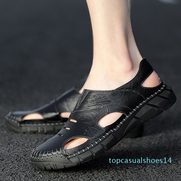 

classic mens gladiator sandals summer fashion new men sandals handmade leather male beach outdoor mens water shoes t14, Black