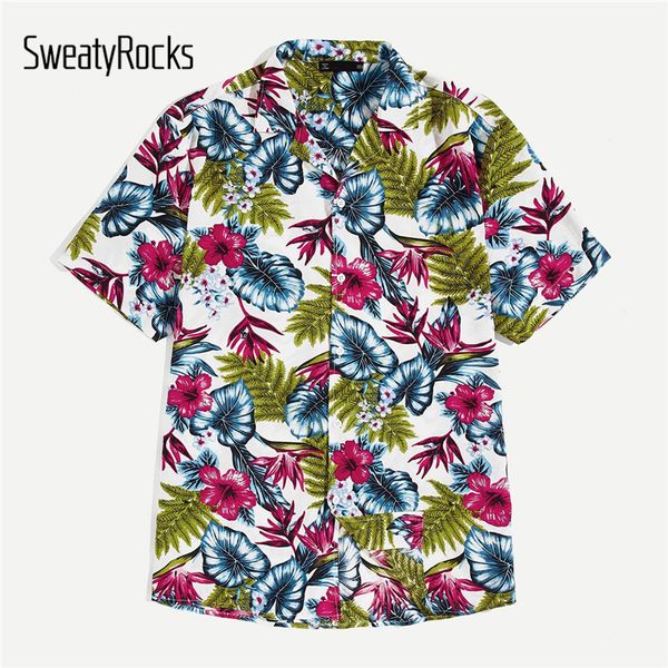 

sweatyrocks men notched collar tropical shirt streetwear boho vacation shirts fashion clothing 2019 summer short sleeve shirt, White;black