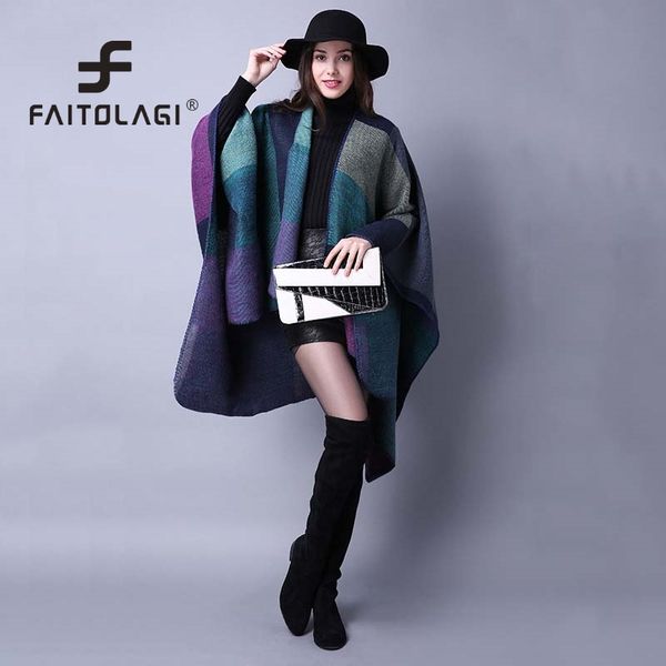 

зимний шарф женщины европейский и американский стиль женщины плед пончо накидки роскошные вязаные шарфы большой платок, Blue;gray