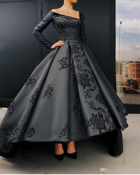 

черный vintage длинные рукава пром вечерние платья линии v шеи вышивка аппликации высокие низкие женщины повседневные платья quinceanera wea, Black