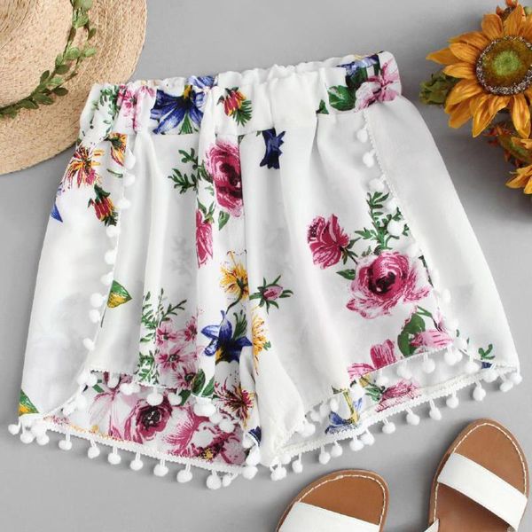 

2019 summer style casual shorts women black beach pom pom ball tassel floral print short feminino elastic high waist shorts, White;black