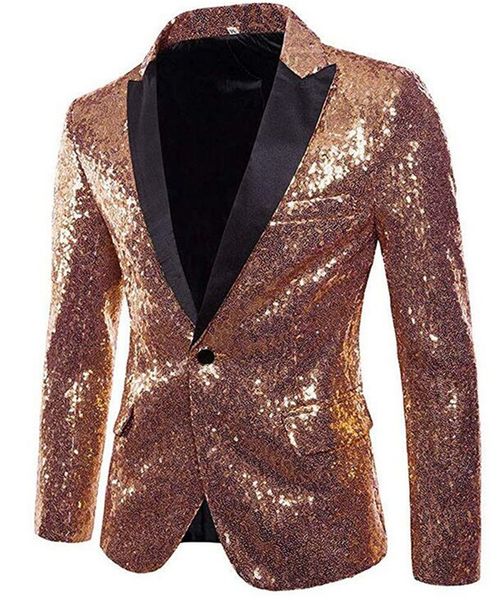 Muhteşem Gül Altın Erkekler Ceket Erkek Parlak Sequins Takım Elbise Ceket Blazer Bir Düğme Smokin Parti Düğün Ziyafet Balo