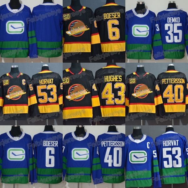 

43 quinn hughes 50th vancouver canucks 35 thatcher demko 53 bo horvat 40 elias pettersson 6 brock boeser 33 henrik sedin hockey jerseys, Black;red