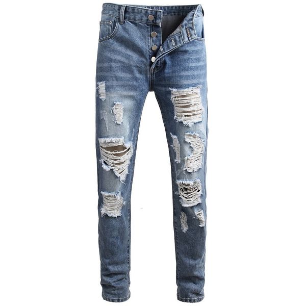 

men's jeans casual light blue holes fashion slim fitting ripped streetwear hip hop skinny demin pants 29- 42 sizes