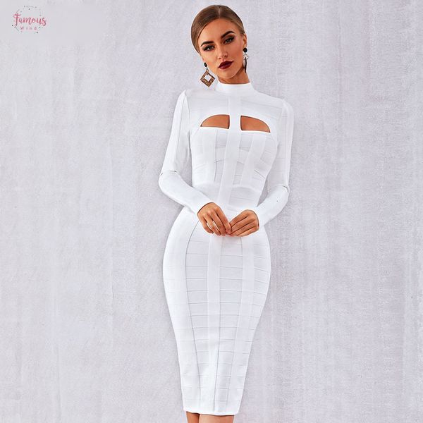 

2019 new women bodycon bandage dress white long sleeve hollow out dress club vestidos celebrity evening party dress, Black;gray