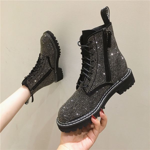 

boots women's women's shoes bling zipper boots crystal zipper chaissures femme round shoes high heels, Black
