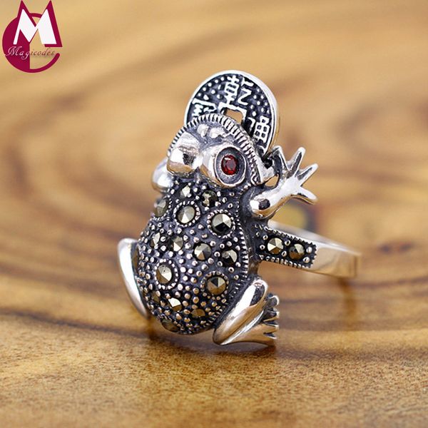 

ring for women lucky toad frog plutus coins lovely red crystal vintage jewelry real 925 sterling thai silver animal rr322, Golden;silver