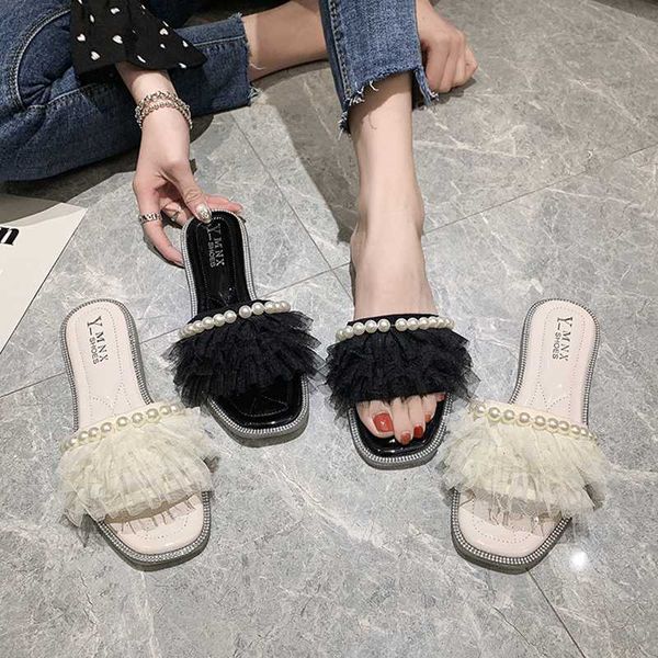 

lace low shoes summer woman woman's slippers slides shose women string bead beach 2020 flat pu fabric, Black