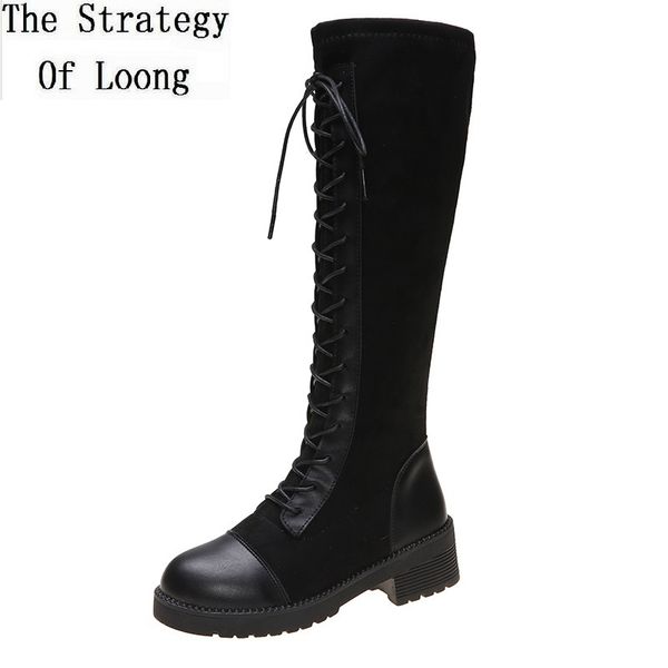 

spring autumn fashion women cross-tied patchwork knee-high long equestrian boots ins wild ladies lace-up high knight boots 1912, Black