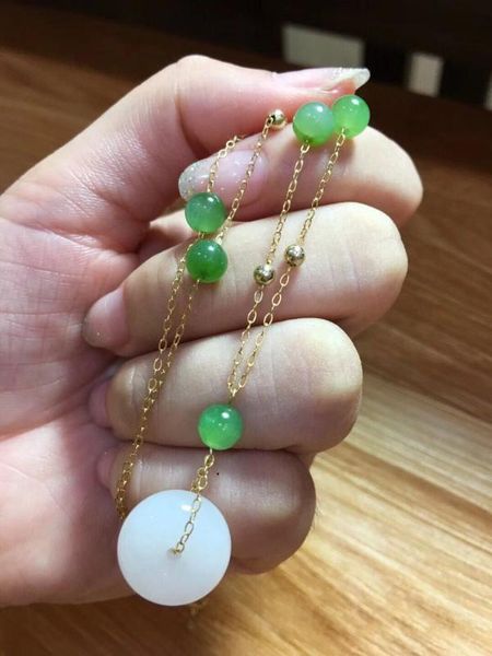 

zhe ru jewelry 14k gold inlaid natural hetian white jade 16mm round bead pendant necklace clavicle chain, Silver