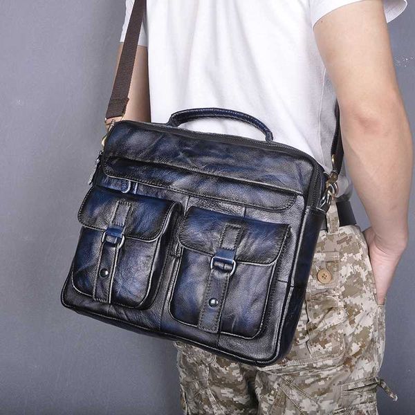 

le'aokuu men quality real leather antique style blue briefcase business 13" lapcases attache messenger bags portfolio b207
