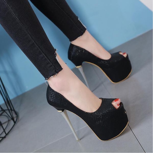 

2019 women platform pumps high heels party shoes fashion peep toes metal thin heel black white snake pattern for spring customized 16cm