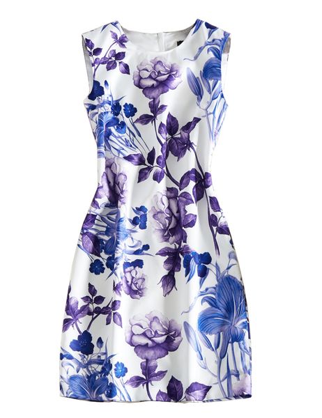 

flower print women a-line dress sleeveless round neck casual dresses 04k864, Black;gray