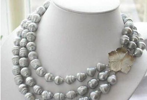 

new triple strands 11-13mm south sea natural baroque gray pearl necklace 17-19 ", Silver
