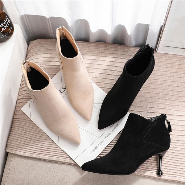 

new 2019 shoes women ankle booties new suede punk cowboy zip-up pointed toe high heels 7cm soild ladies autumn winter boot, Black