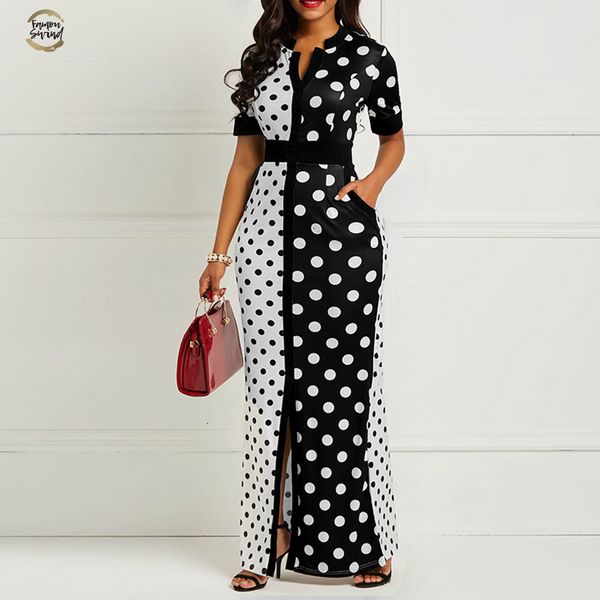 

summer women vintage long dress casual black polka dot maxi dress plus size office lady bodycon party dress vestidos festa, Black;gray