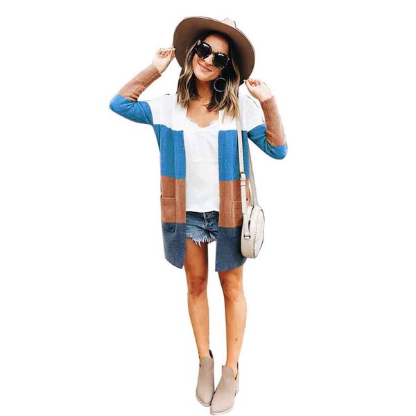

long sleeve outwear dating knit sweater striped shopping party autumn daily color block women cardigan open front street casual, White