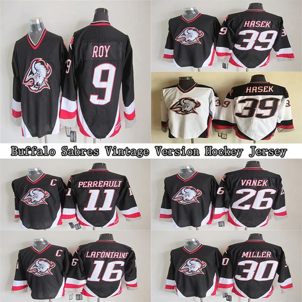 

buffalo sabres vintage version jerseys 9 roy 11 perreault 16 lafontaine 26 vanek 30 miller 39 hasek ccm hockey jerseys, Black;red