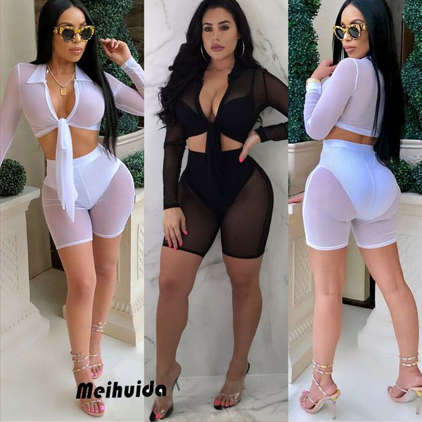 

2pcs high waist women's bikini 2019 beach swimsuit cover up fishnet see through mesh crop shorts pant two pieces outfits