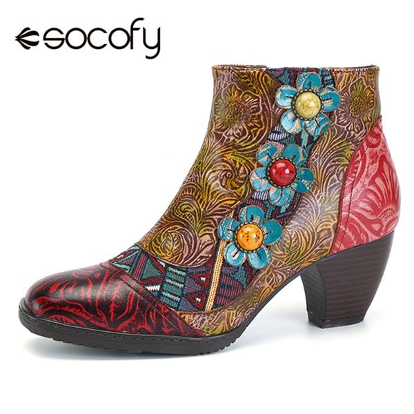 

socofy vintage bohemian printed winter boots women shoes woman genuine leather splicing handmade flower women ankle boots botas, Black