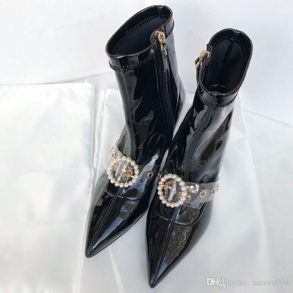 

new `arrivalluxury letter ribbon metal buckle low heel short boots genuine cowhide leather fashion woman pearl boots dlm19100804, Black