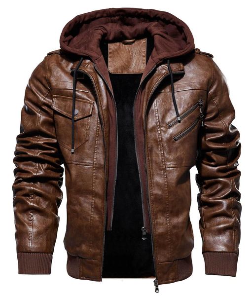 

men's faux leather jacket detachable hood coat hooded zipped casual biker motorcycle jackets autumn winter vintage bomber jacket, Black
