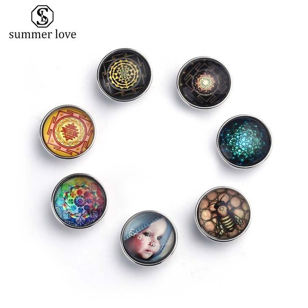 

new fashion 20mm snap button glass charm for leather bracelet unique molecule flower geometric space pattern diy charm 2019, Bronze;silver