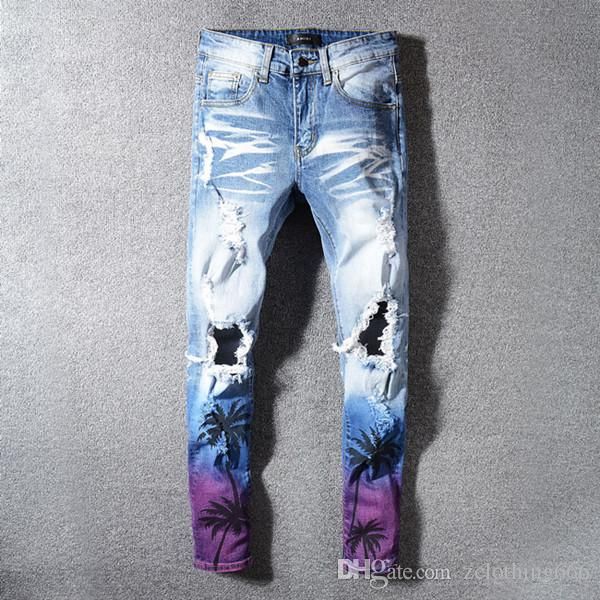 

designer jeans spring new men's paint hole style luxury jeans denim pants slim fit casual pencil mens skinny jeans, Blue