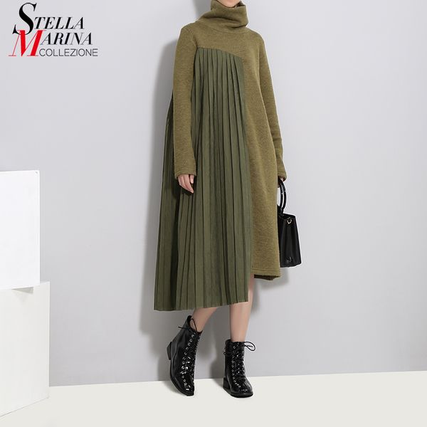 

new 2019 autumn winter women long green pleated sweater dress patchwork full sleeve turtleneck lady casual dress robe style 3031, Black;gray