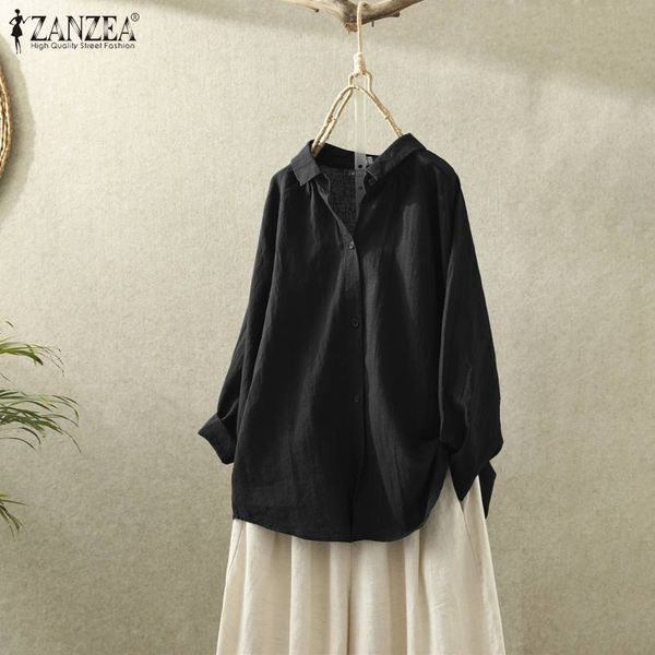 

2020 spring shirts zanzea vintage office blouse casual solid lapel cotton work blusas women long sleeve tunic chemise robe, White