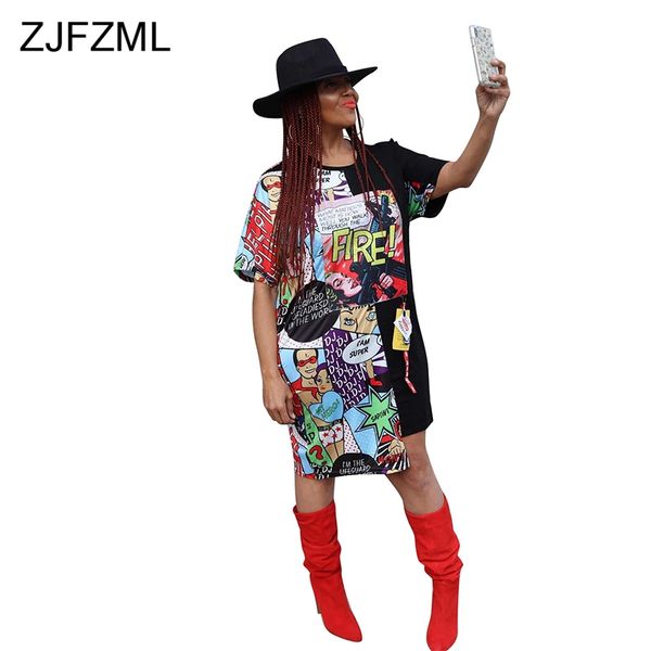

plus size summer t shirt dresses 2019 women funny cartoon printed irregular short dress hip hop o neck short sleeve loose dress, Black;gray