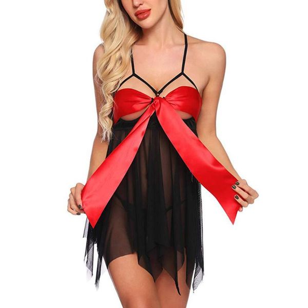 

сексуальные женщины пижамы без рукавов кружева главная женская пижама с сетчатыми ремнями и бантами sleep dress for girl, Black;red