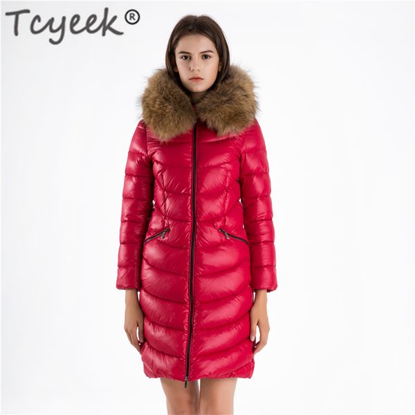 

tcyeek winter women's down jacket large raccoon fur hooded clothes 2019 korean thick warm long 90% duck down coat hiver l8026, Black