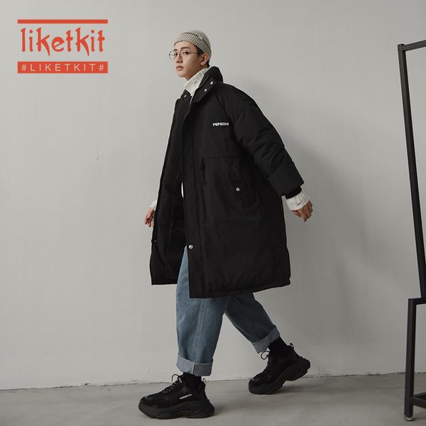 

liketkit зимняя куртка мужчины парки 2019 твердые старинные свободные толстые длинные пальто мужская вышивка талии шнурок теплый пузырь курт, Black